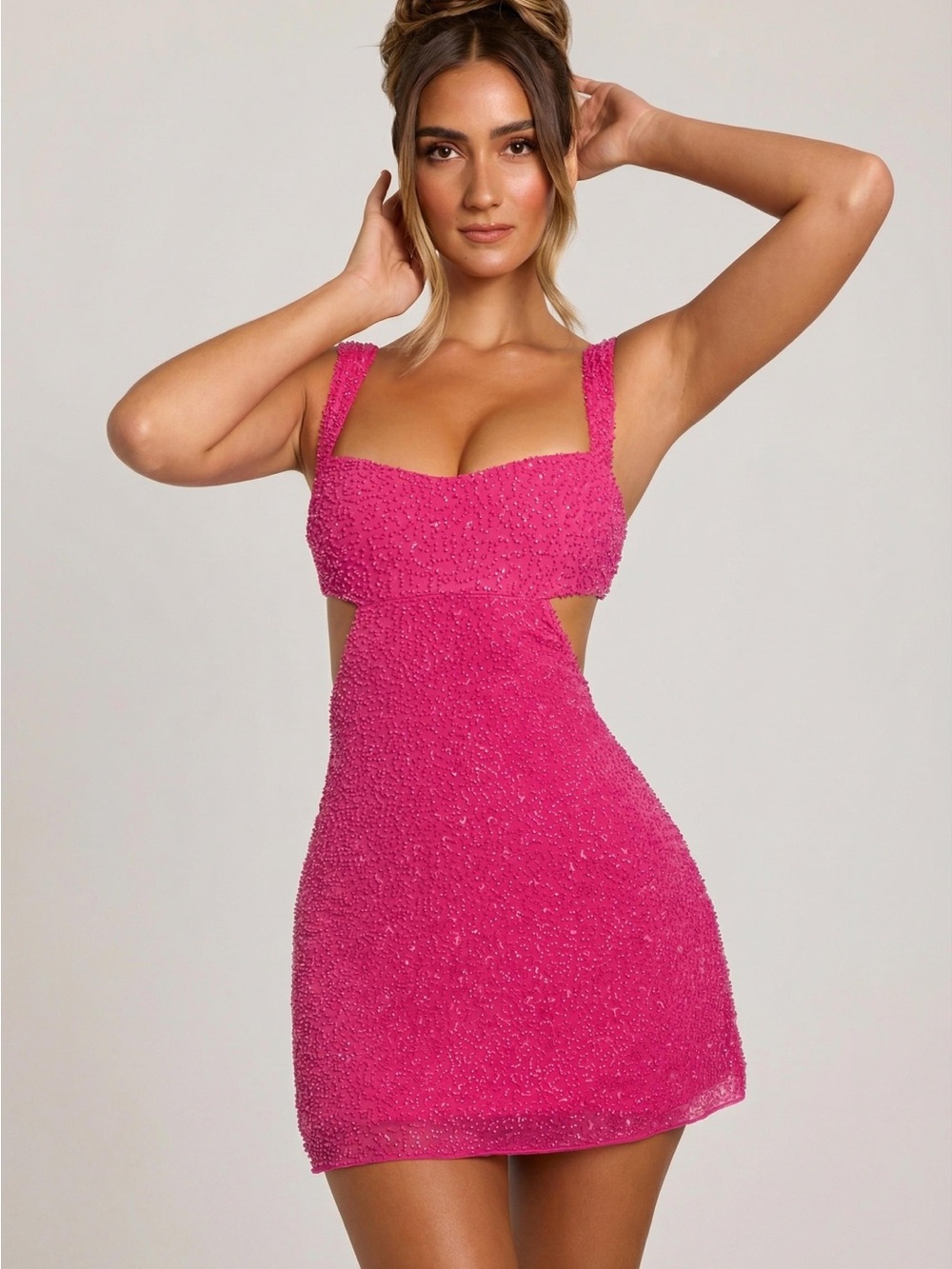 Oh Polly Emilion Embellished Cut Out Mini Dress Fuchsia
